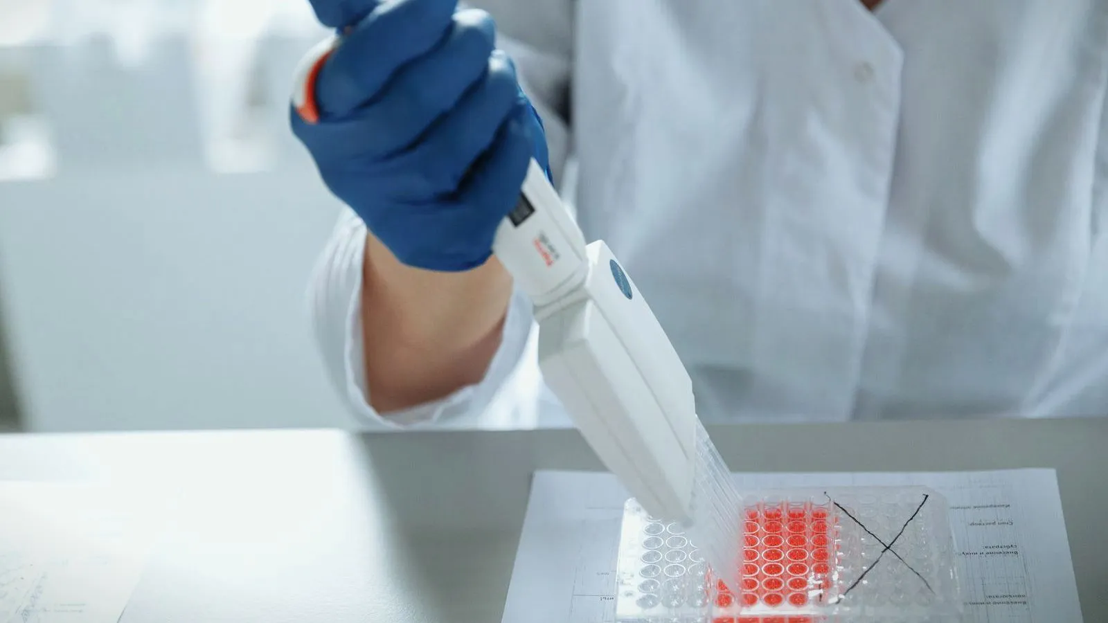 A gloved hand loading a pipette into a laboratory sample plate