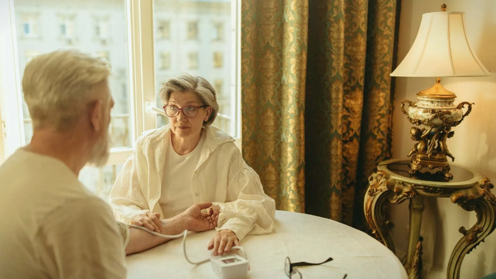 An older woman and man sit at a round table with a blood pressure monitor between them, the man's forearm resting on the tabletop.