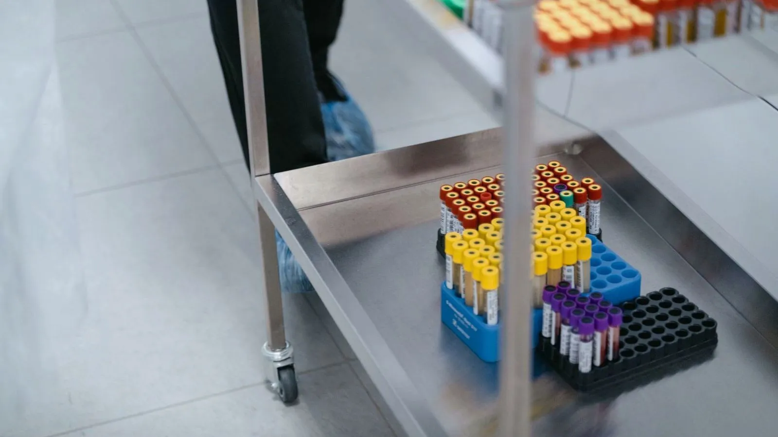 Racks of capped blood sample tubes on a steel trolley