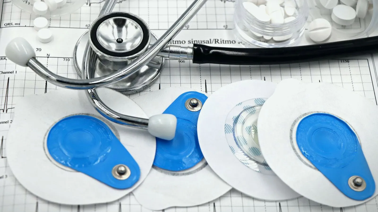 A stethoscope, blue ECG electrode pads and small pots of white tablets resting on an ECG printout.