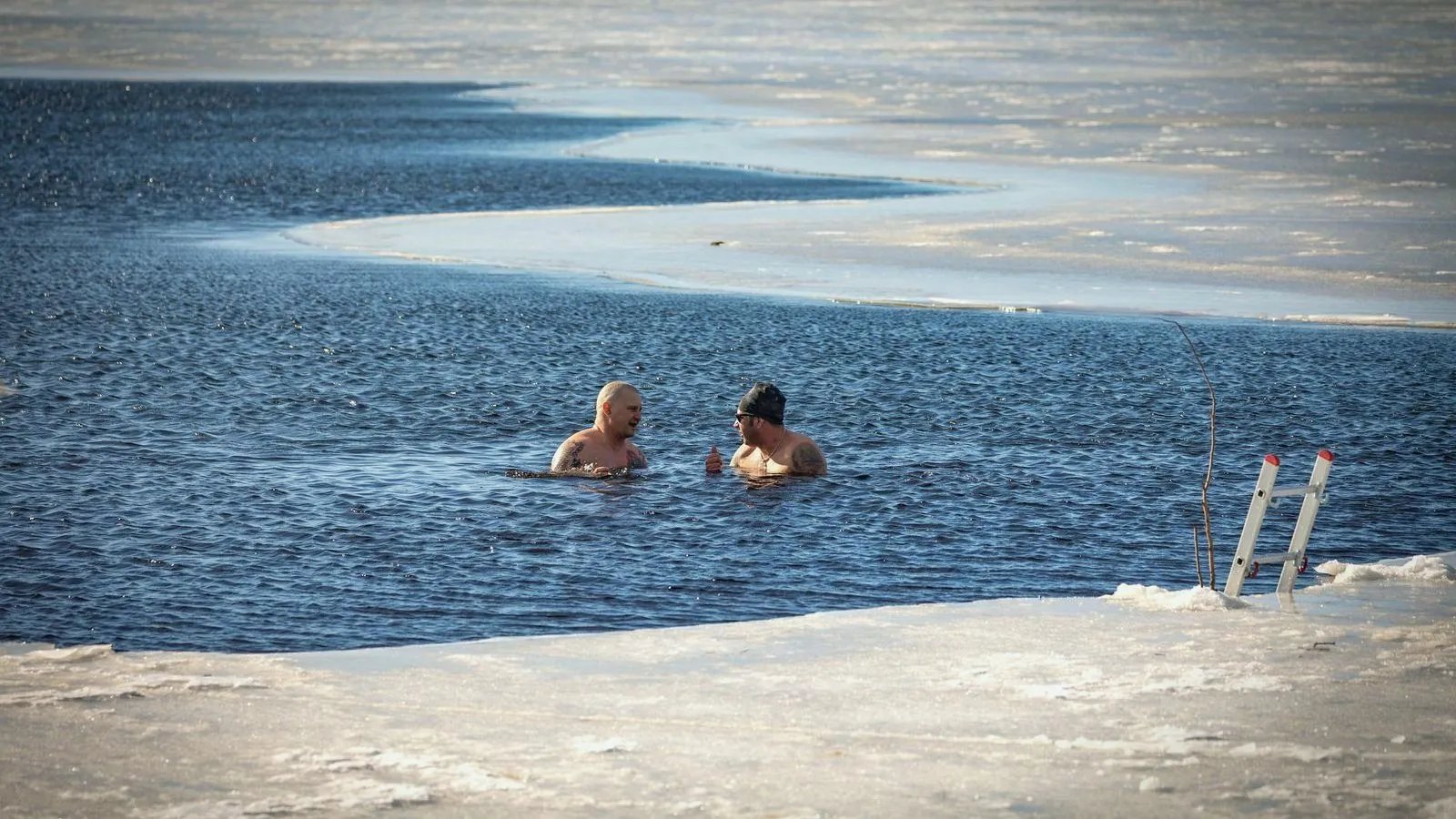 Two swimmers shoulder-deep in a lake edged with ice, beside a ladder into the water.