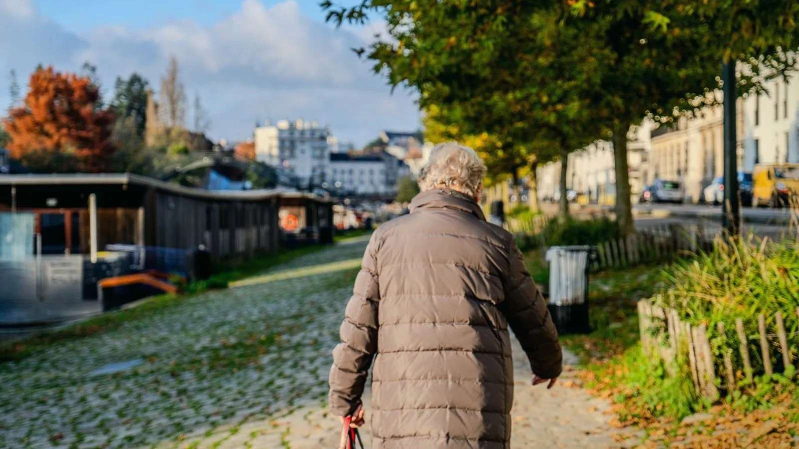 An older person in a padded coat walking away along a cobbled path lined with autumn trees