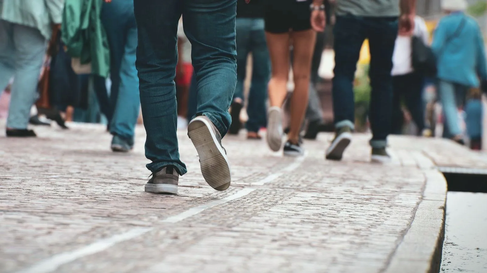 A crowd of legs mid-stride walking along a city pavement