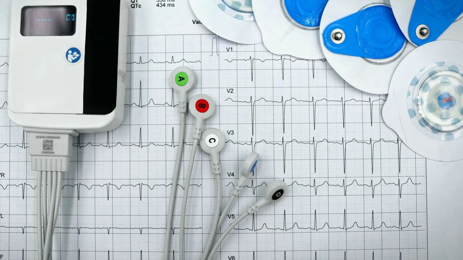 Electrocardiogram electrodes and a recorder resting on a printed heart trace