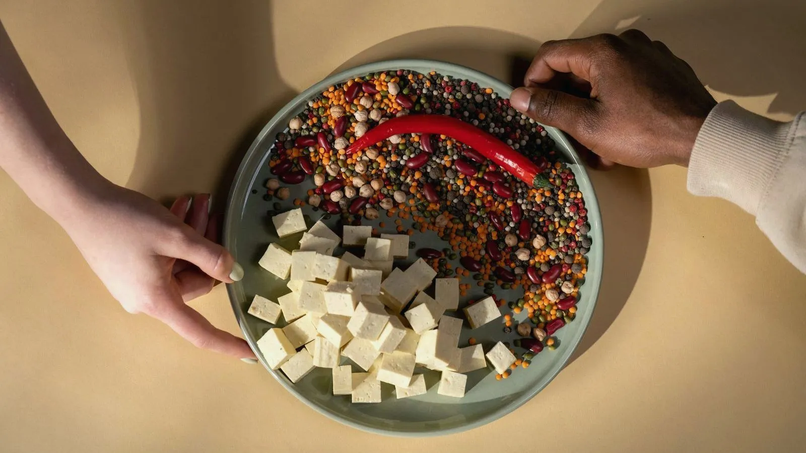 Two pairs of hands holding a plate of tofu cubes, dried lentils and beans, and a red chili